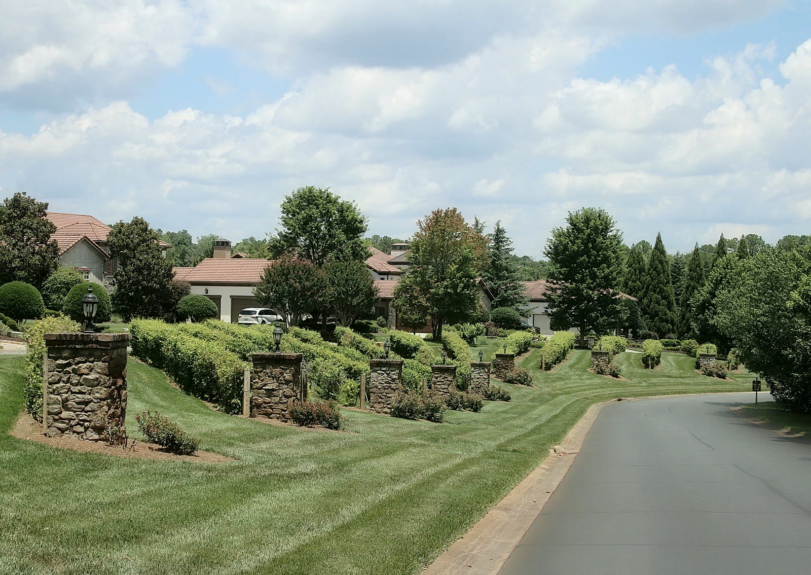 Stone-columned vineyard terraces along a tree-lined street