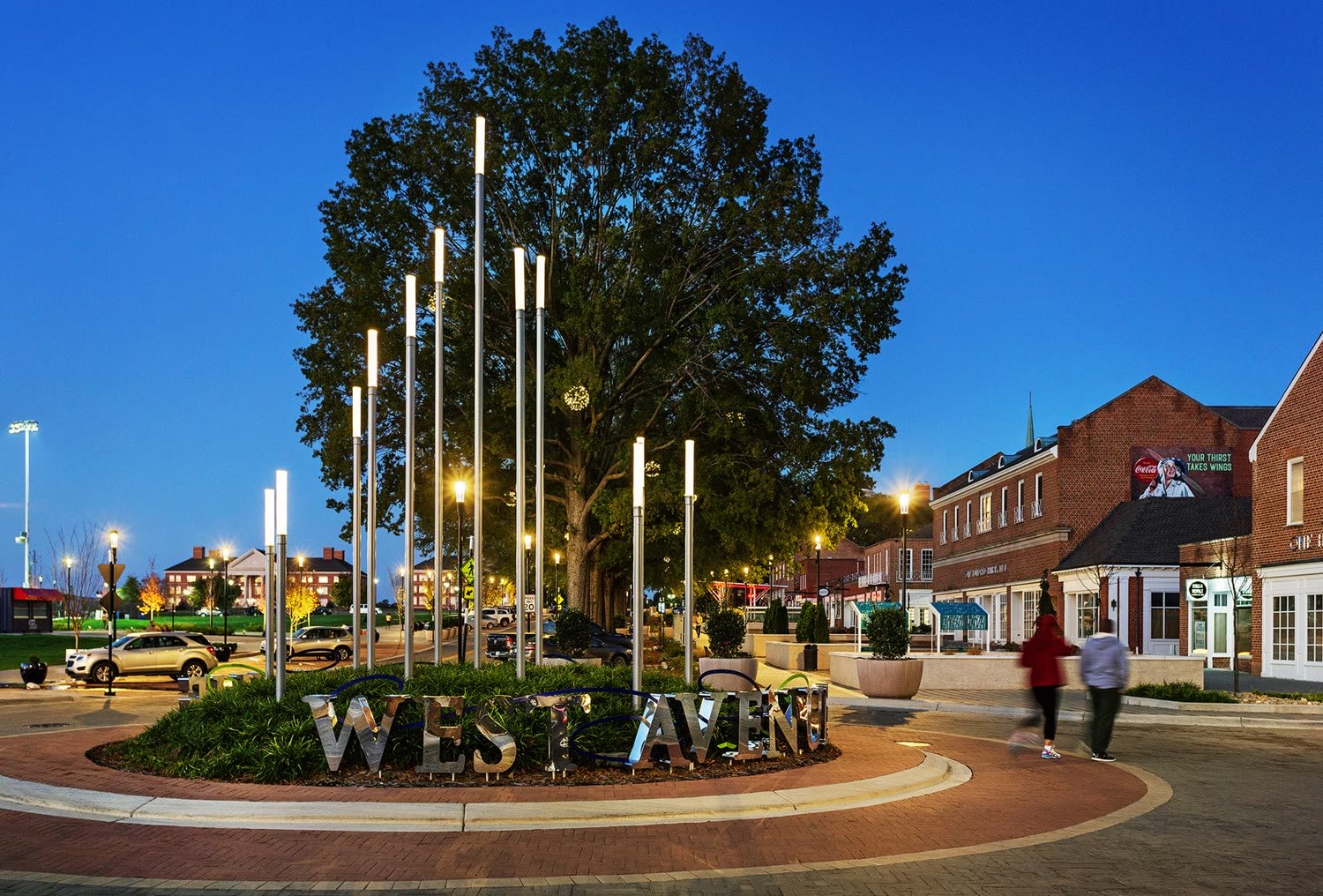The West Avenue plaza in revitalized downtown Kannapolis at dusk